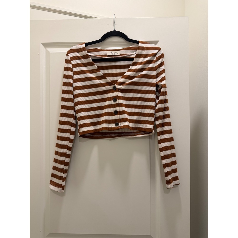 Molly Green Brown White Striped Ribbed Cropped Cardigan Top V-Neck Long Sleeve